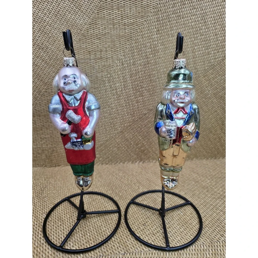 Vtg Lot of 2 Made In Poland Blown Glass Toy Maker Nutcracker Christmas Ornaments